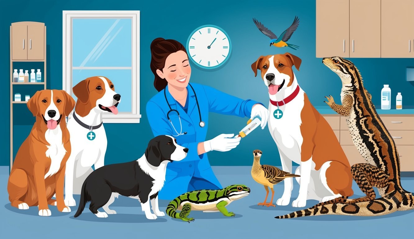 A variety of animals (dogs, birds, reptiles) receiving sucralfate medication from a veterinarian in a clinic setting