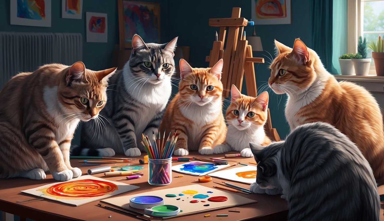 Cats gather around a table with art supplies, creating and producing various artworks