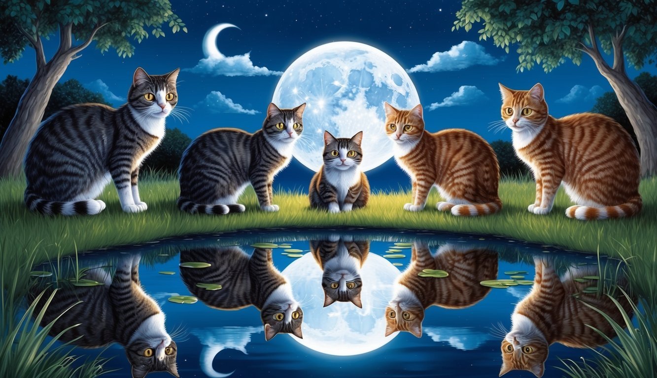 Cats gather around a moonlit pond, reflecting the night sky.</p><p>They carry messages in their eyes, conveying a sense of mystery and ancient wisdom