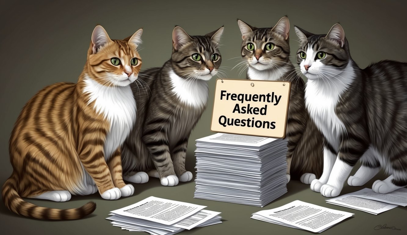 Cats gather around a stack of papers, looking curiously at the "Frequently Asked Questions" sign