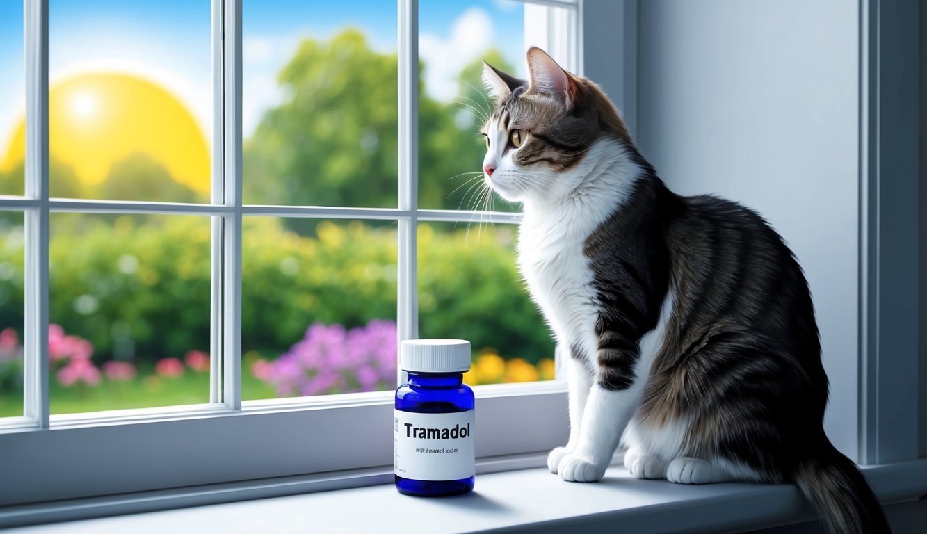 A cat sitting on a windowsill, looking out at a sunny garden, with a small pill bottle labeled "tramadol" nearby