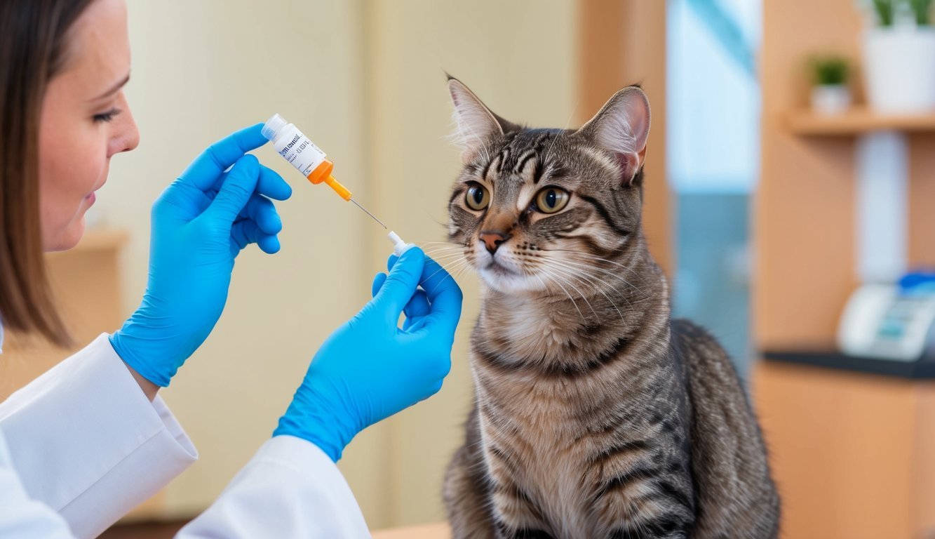 A cat receiving a dose of tramadol from a veterinarian