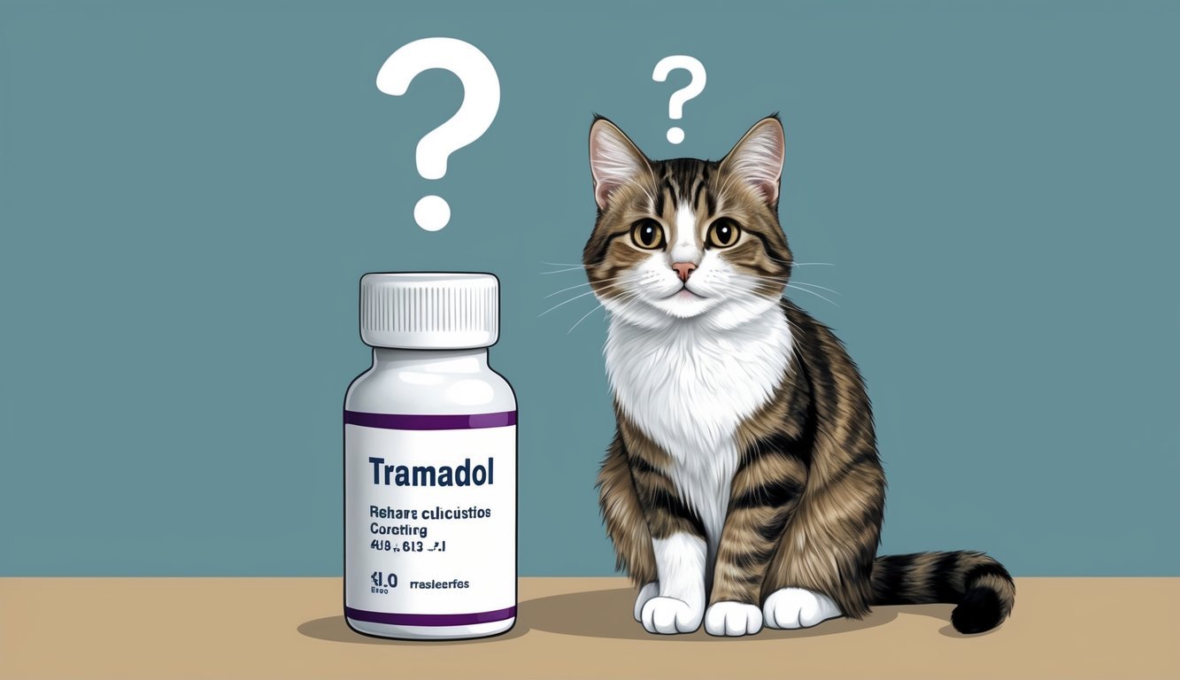 A cat sitting next to a bottle of tramadol, with a curious expression and a question mark above its head