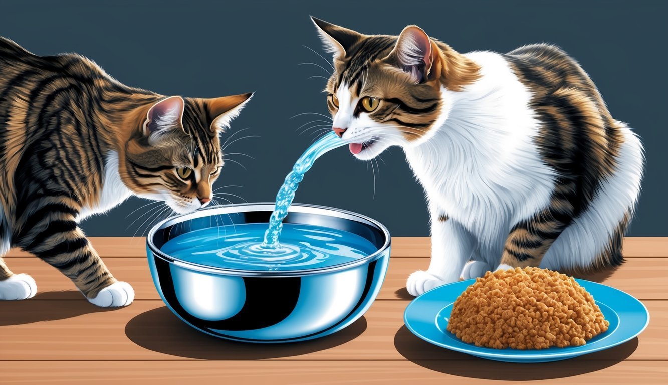 A cat lapping up water from a clean, shiny bowl, with a plate of moist, nutritious food nearby