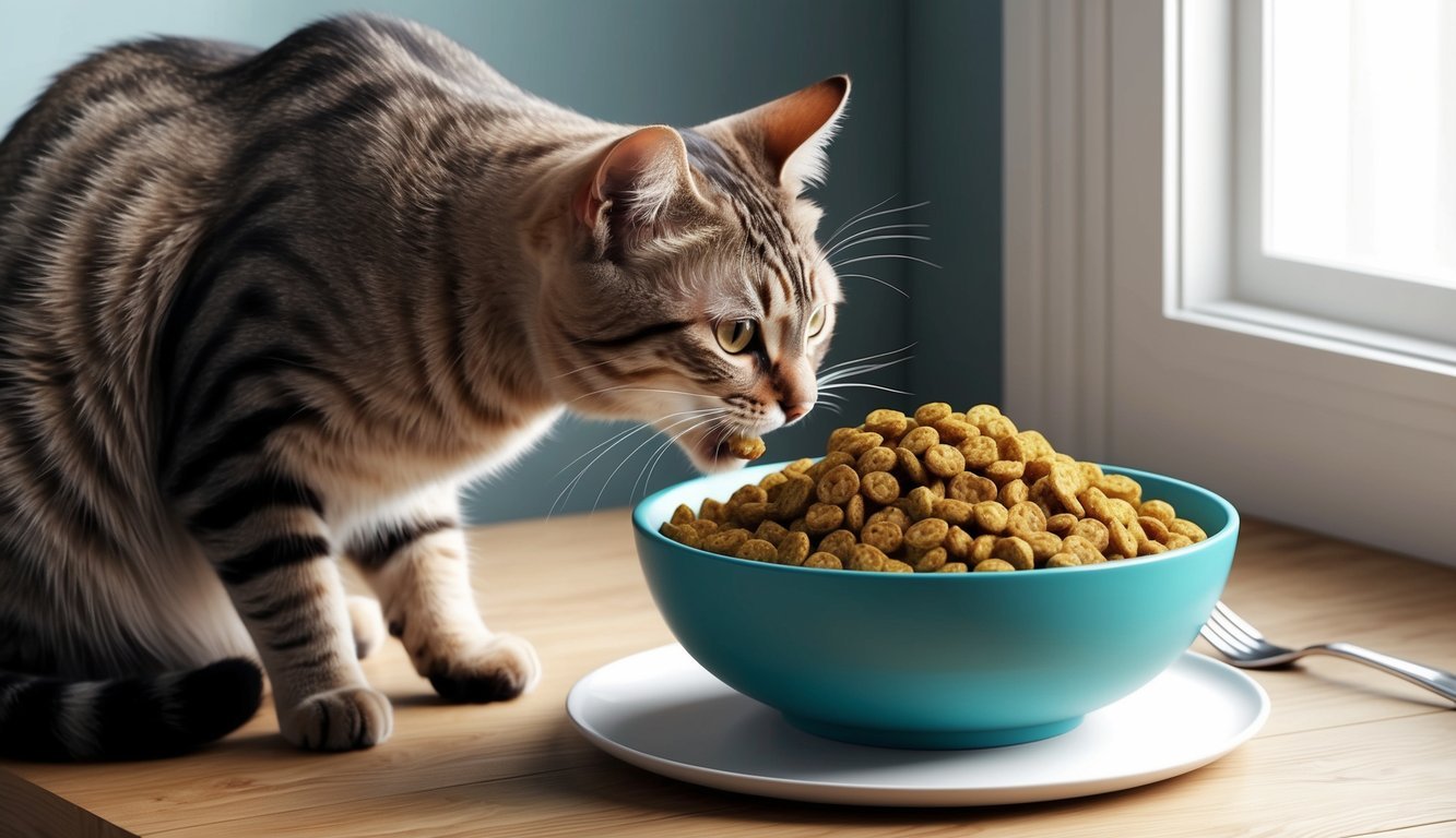 A cat eating specialized urinary health food from a bowl