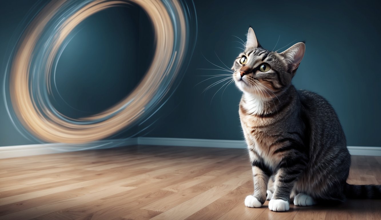 A cat sits unsteadily, head tilted, eyes darting.</p><p>The room spins around it, causing disorientation and fear