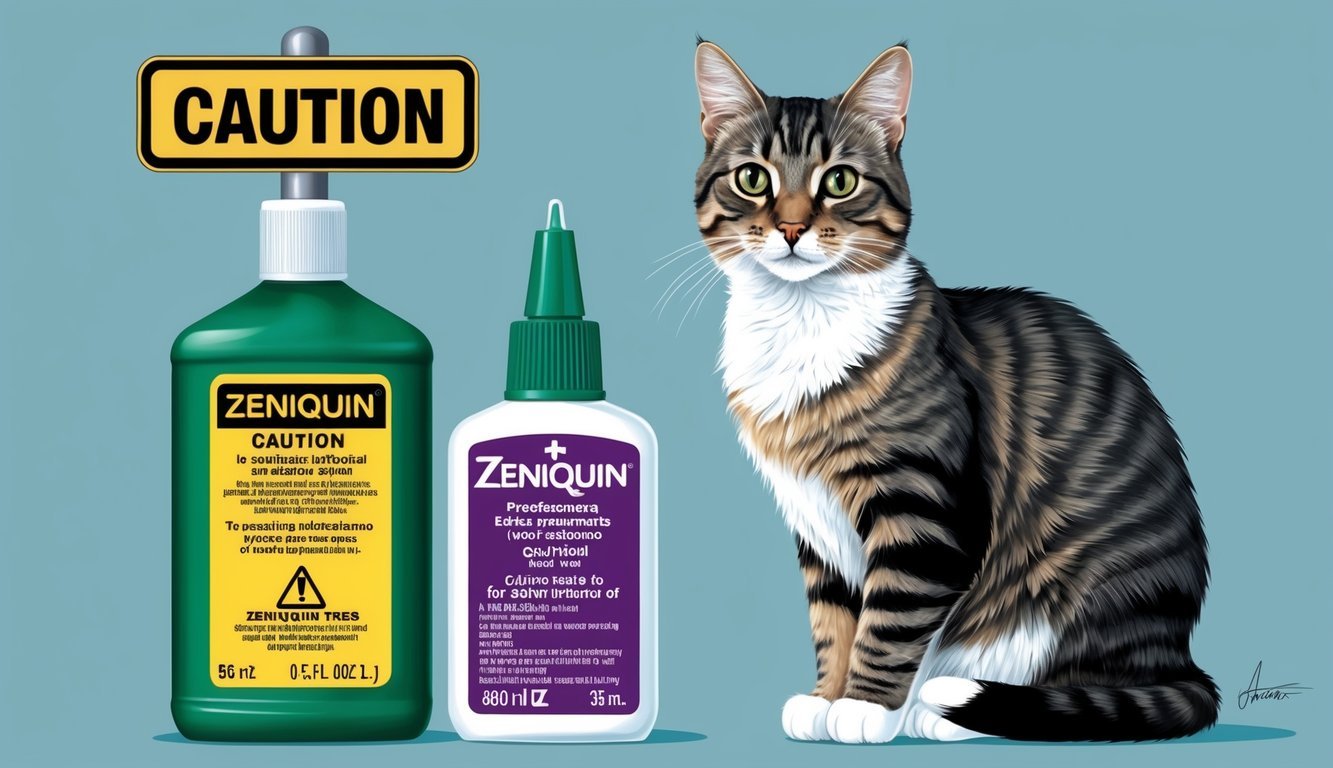 A cat sitting next to a bottle of Zeniquin with a caution sign and safety information displayed nearby