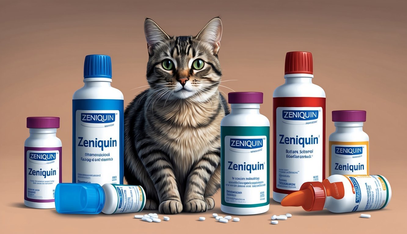 A cat with a bottle of Zeniquin surrounded by other medication bottles