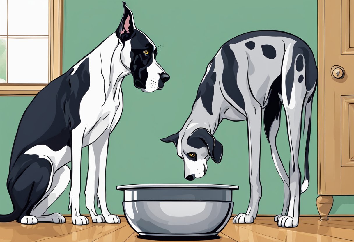 A great dane and a cat stand near their food bowls, looking at each other with confusion and uncertainty