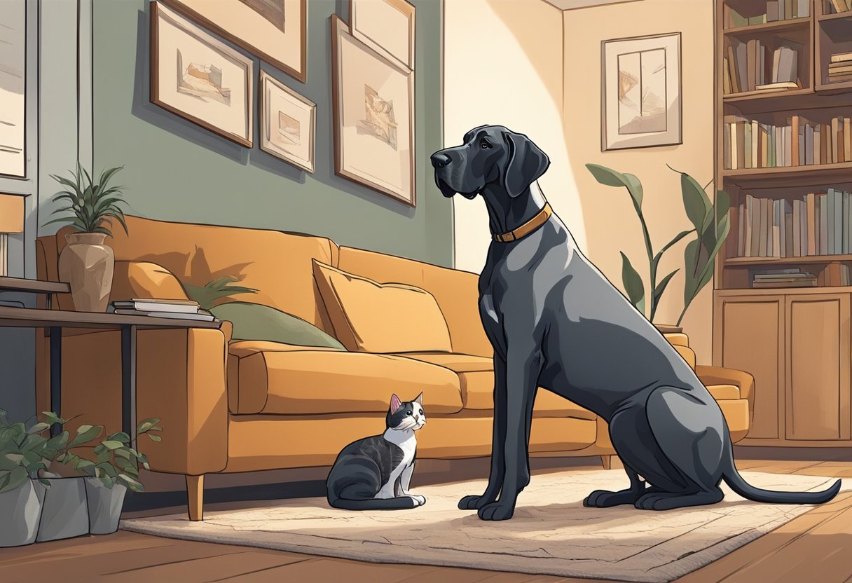 A great dane and a cat share a cozy living room, the cat perched on a high shelf while the dane sprawls on the floor, their size difference evident