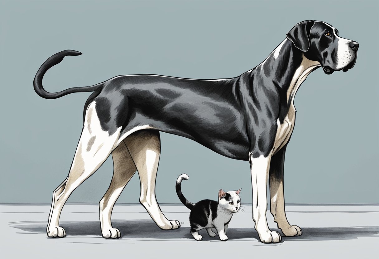 A great dane and a cat face off, the dog's massive size contrasting with the cat's agility.</p><p>The cat arches its back, while the great dane looks on with curiosity