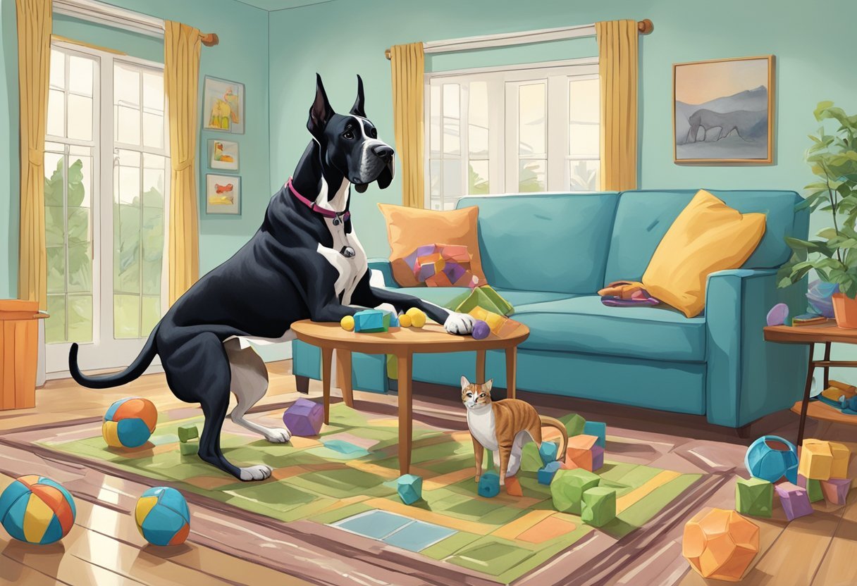 A great dane and a cat playfully interact in a living room, navigating around toys and obstacles