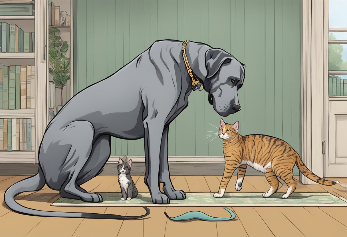 A great dane and a cat causing chaos with wagging tails and playful antics