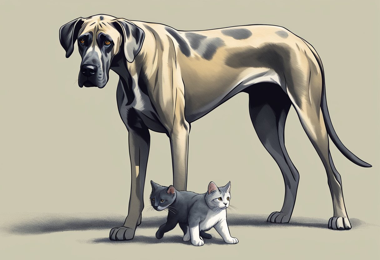 A great dane looks startled as a small cat confidently walks past, emphasizing the significant size difference between the two animals