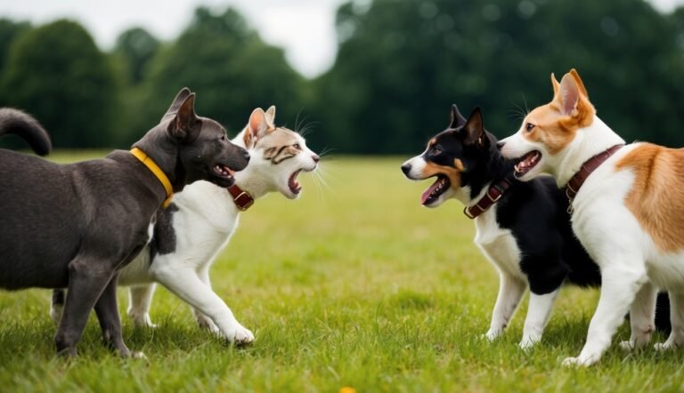 Four dogs and a cat face off on a grassy field, barking