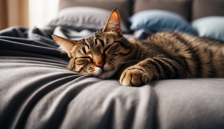 Sleeping tabby cat lying on a bed with gray pillows