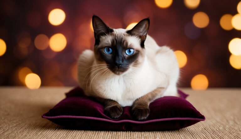 Siamese cat with blue eyes resting on a purple pillow, bokeh background