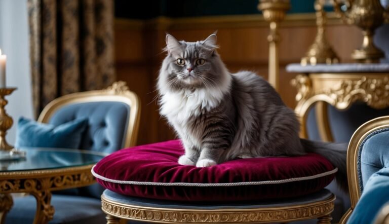 Fluffy gray cat with white chest sits on a red velvet cushion