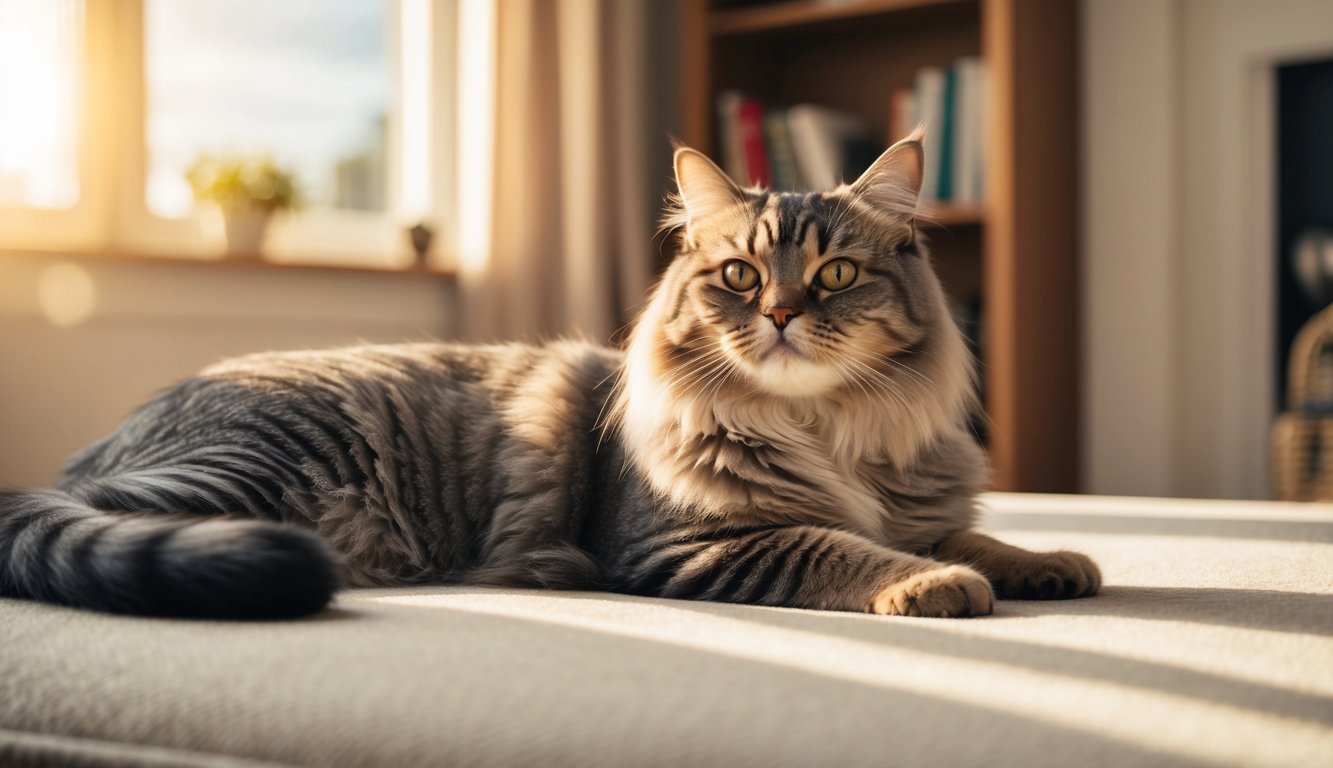 A British longhair cat lounging in a cozy sunlit room, looking regal and calm with a serene expression