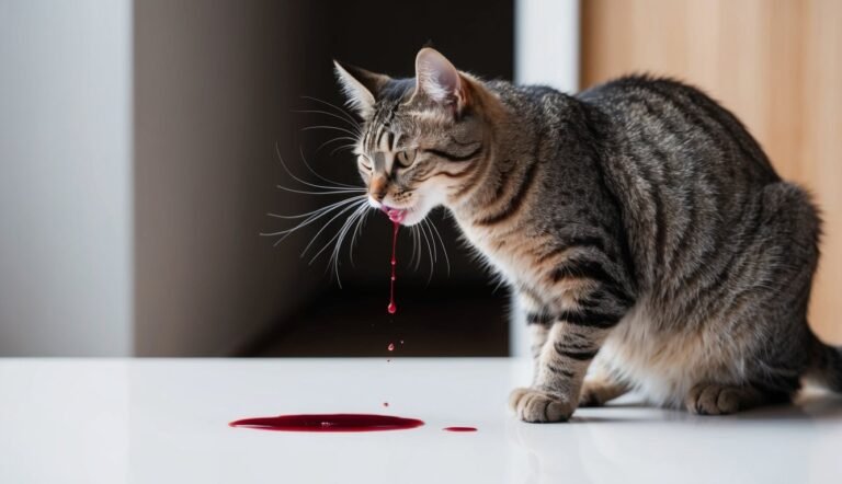 Tabby cat with blood dripping from its mouth onto a white surface