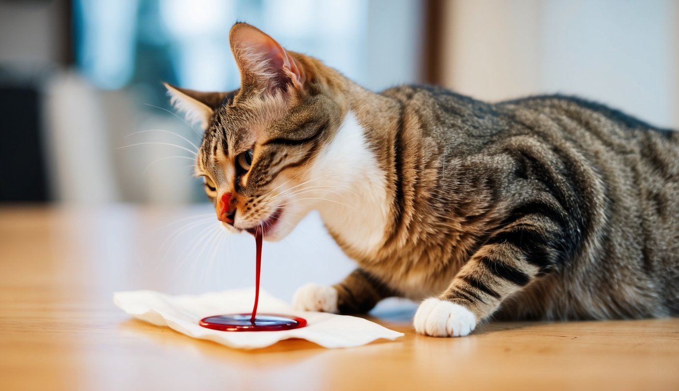 A cat with a red-tinged nose sneezing blood onto a tissue