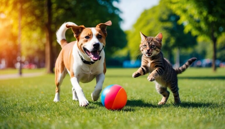 Dog and cat playing with a ball on a grassy field