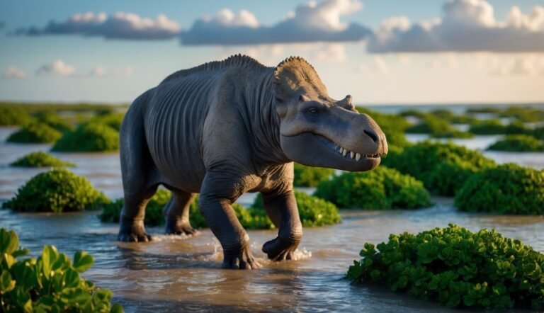 Large dinosaur-like creature wading in shallow water, surrounded by green plants