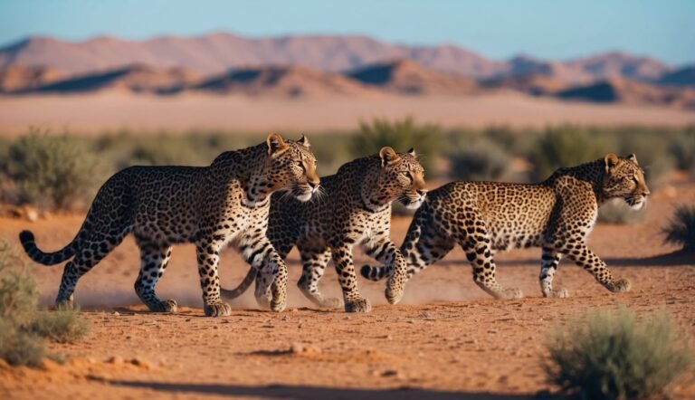 Three leopards walking across a desert landscape with mountains in the background