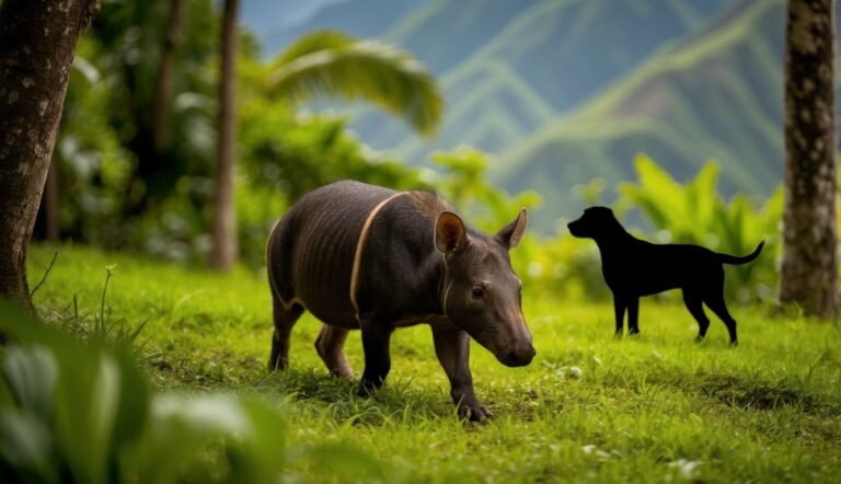 Tapir walking in a grassy field with a black silhouette of a dog