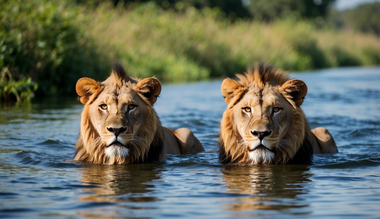 Two male lions wading in water, looking directly at the viewer