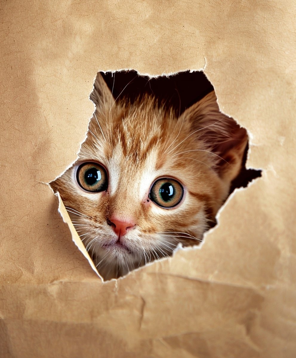 A curious orange tabby kitten peeks through a hole in brown paper