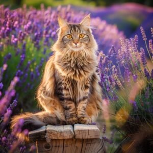A fluffy maine coon cat sits on a wooden post in a lavender field