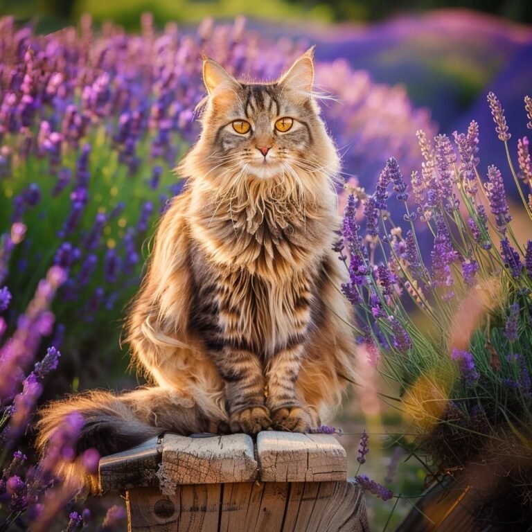 A fluffy maine coon cat sits on a wooden post in a lavender field