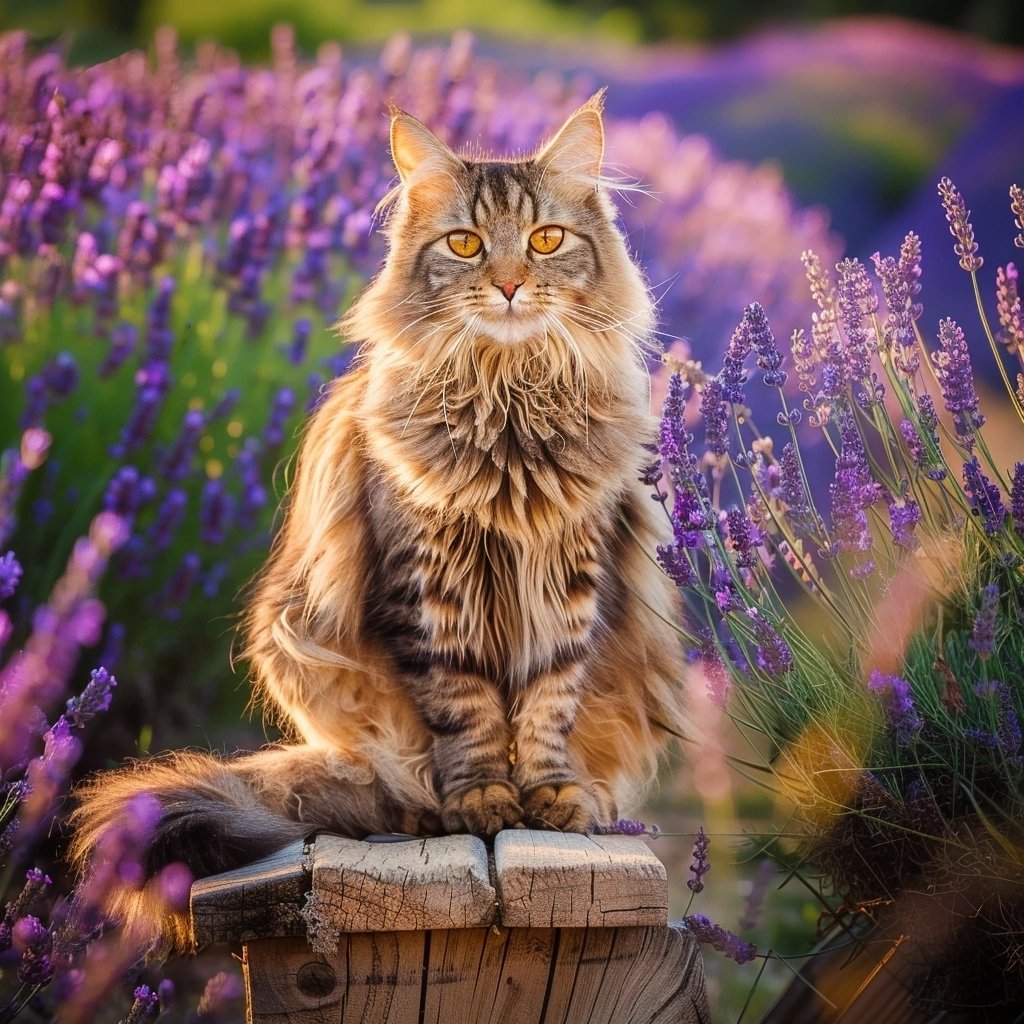 A fluffy maine coon cat sits on a wooden post in a lavender field