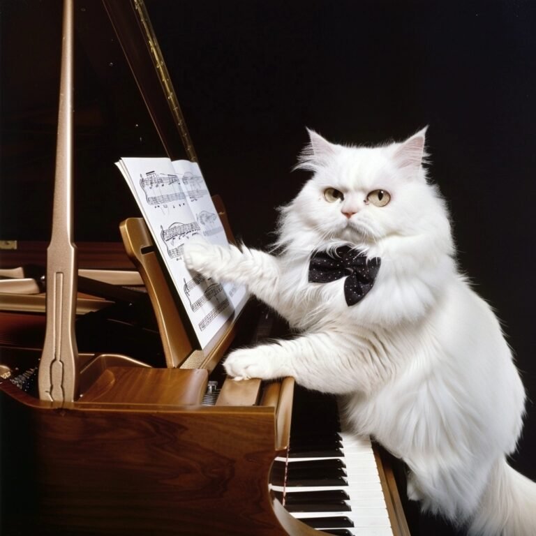 A fluffy white persian cat in a bow tie playing a piano