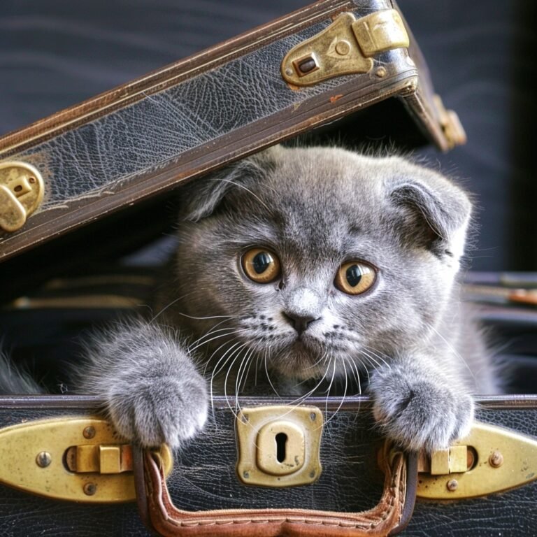 A gray scottish fold kitten peeks out of a vintage suitcase, looking curious
