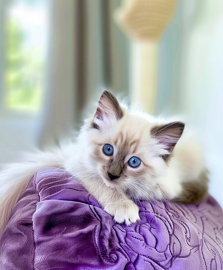A ragdoll kitten with striking blue eyes rests on a purple cushion