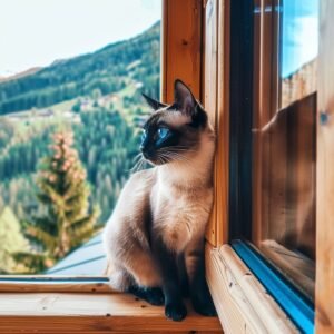 A siamese cat with bright blue eyes looks out a window at a mountain view