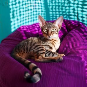 A slender oriental shorthair cat rests on a purple beanbag chair