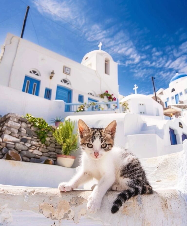 A tabby and white kitten sits in front of a greek church