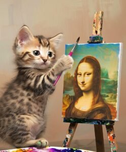 A tabby kitten painting the mona lisa on a small easel with a brush
