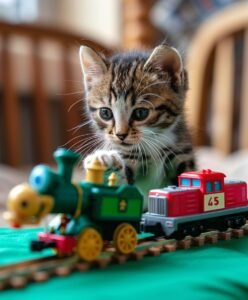 A tabby kitten playing with a toy train on a green surface