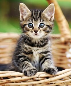 A tabby kitten sits in a wicker basket, looking directly at the camera