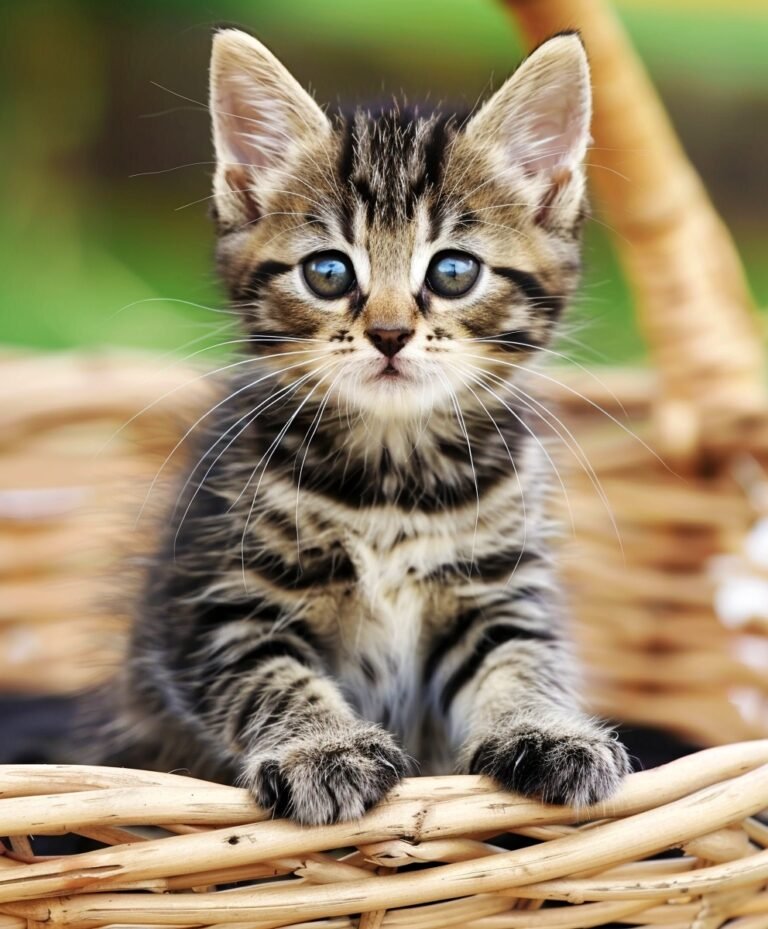 A tabby kitten sits in a wicker basket, looking directly at the camera