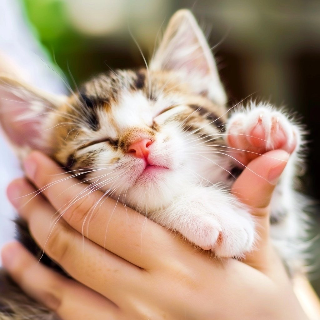 A tabby kitten sleeping peacefully in a person's hands, paws up