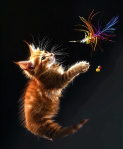 An orange maine coon kitten reaching for a colorful feather against a black background