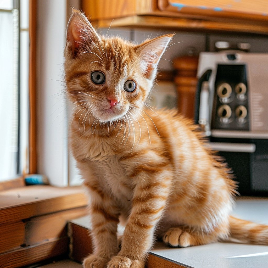 An orange tabby kitten with blue eyes sitting on a countertop, looking at the camera