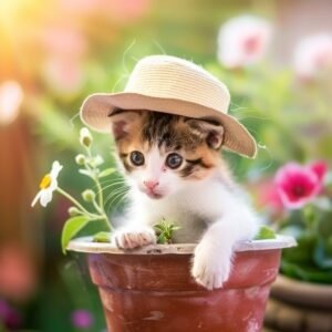 Calico kitten wearing a hat, sitting in a flower pot, surrounded by flowers