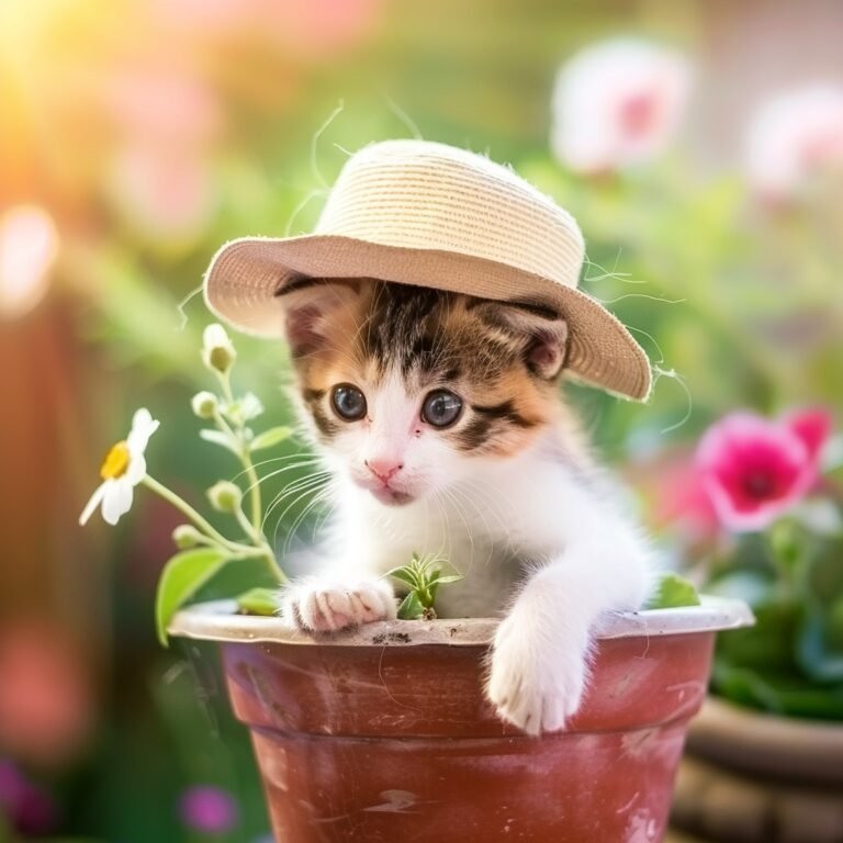 Calico kitten wearing a hat, sitting in a flower pot, surrounded by flowers
