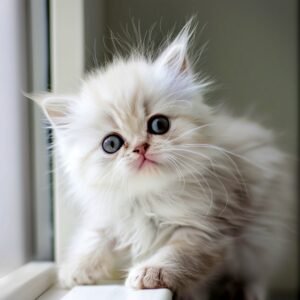 Close-up of a fluffy, white persian kitten with striking blue eyes